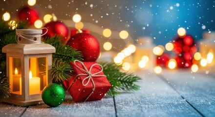 Festive christmas decoration with lantern, ornaments and gift, evoking holiday spirit