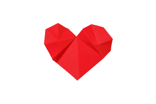 A red origami heart folded from paper, isolated, PNG