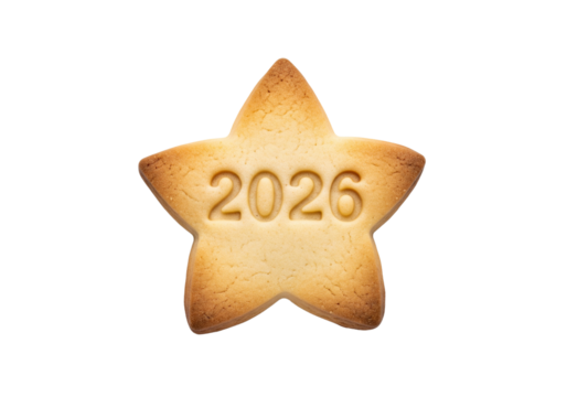 Golden Star Cookie with '2026' Embossed - Symbolizing New Year, Future, Goals & Success on White Background