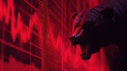 A snarling black bear bathed in red light beside a stock market chart. Concept Dramatic wildlife portrait under crimson lighting, Beast in red-hued light beside a stock market chart, High-contrast