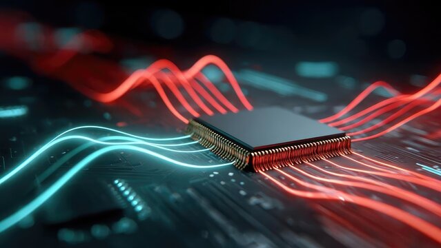 A close-up of an integrated circuit on a circuit board with glowing red and blue data traces. Concept Circuit board close-up, Glowing data traces, Integrated circuit detail, Red and blue lighting