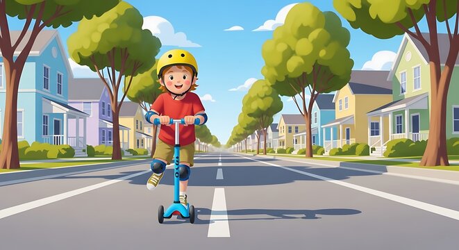 Joyful Child Riding Kick Scooter with Helmet and Pads on Sunny Suburban Street; Happy Outdoor Play, Childhood Fun, and Safe Neighborhood Adventure