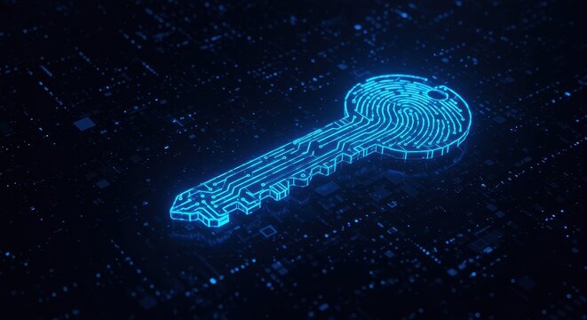 Digital Key Icon with Fingerprint Texture on a Circuit Board Background technology security