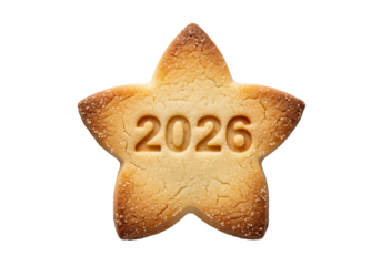 Golden Star Cookie with Embossed 2026: A Sweet Symbol for New Year, Future Goals, or Important Dates. Isolated on White Background.