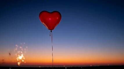 Red heart balloon floating in the sky at sunset, symbolizing love and romance. - Powered by Adobe