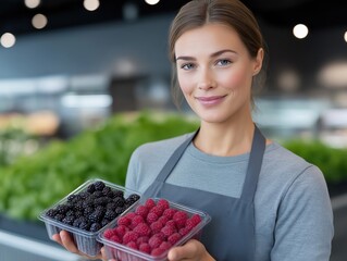 Smiling woman in gray apron holding containers of fresh blackberries and raspberries in a vibrant grocery store, showcasing healthy food choices and customer service