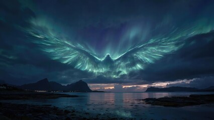 Aurora borealis spreads like wings across the night sky above a calm coastal landscape with distant mountains. Concept Northern Lights over a tranquil coastal nightscape
