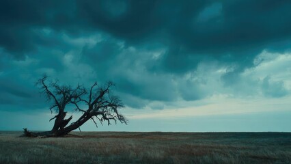 A lone, twisted, leafless tree leans over a flat grass plain under a dark, stormy sky. Concept Twisted Tree Landscape, Stormy Sky, Expansive Grass Plain, Eerie Atmosphere, Dramatic Lighting