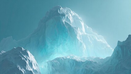 A colossal blue ice mountain rising from a frozen, snowy landscape. Concept Colossal blue ice mountain, Frozen snowy landscape, Polar wilderness aesthetic, Glacial blue tones, Extreme cold serenity