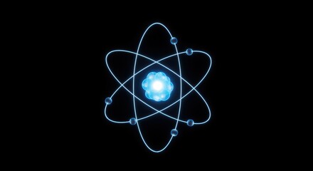 Glowing blue atom model with orbiting electrons on black background atomic science