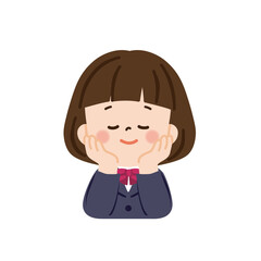 目を閉じて笑顔の頬杖をついた女子生徒　バストアップ