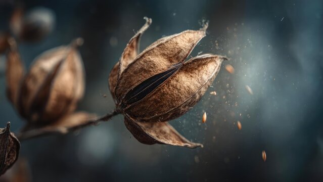 Close-up of a dry seed pod splitting open, releasing tiny brown seeds. Concept Seed pod close-up, Dry pod splitting open, Tiny brown seeds dispersal, Macro nature photography, Plant anatomy detail