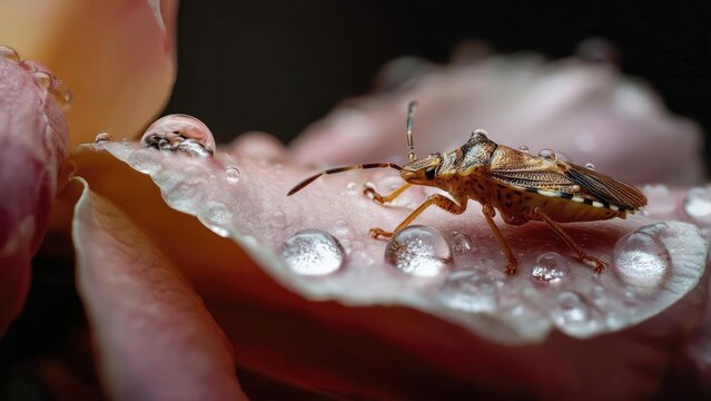 Close-up of a small brown insect with patterned wings perched on a pink dew-covered flower petal. Concept Macro insect close-up, Brown patterned wings, Dew on pink petals, Insect on flower - Powered by Adobe