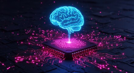 Glowing Neon Brain Hologram Emanating from a Computer Processor Chip abstract artificial intelligence