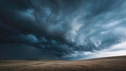 A dramatic thunderstorm approaches over a flat golden field, with dark, turbulent clouds spreading across the sky. Concept Dramatic thunderstorm, Golden field under dark clouds