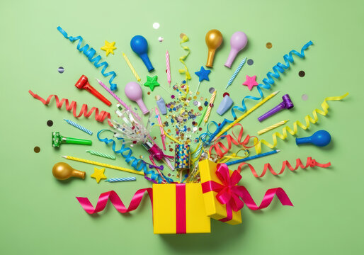 Festive birthday party decorations exploding from a gift box on a green background