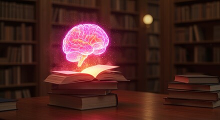 Glowing Pink Brain Hologram Emerging from an Open Book in a Library abstract cognition