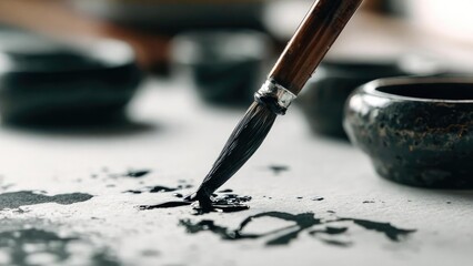 A calligraphy brush dipped in black ink on paper with an inkstone nearby. Concept Calligraphy, Ink, Brush, Paper, Inkstone