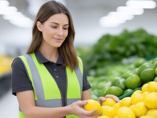 Female grocery store employee in safety vest is inspecting fresh lemons in produce section, surrounded by vibrant green vegetables, showcasing quality and freshness in retail environment