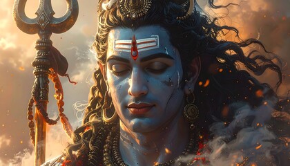 A serene blue-skinned deity holding a trident, eyes closed, with ornate jewelry and flowing hair, amidst smokey background