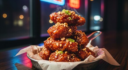 A steaming stack of glazed wings, classic Korean food