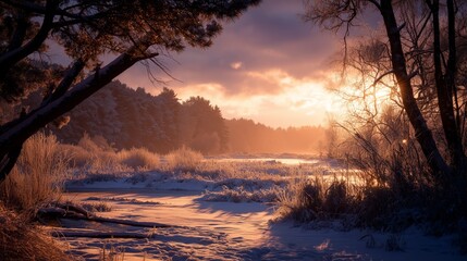 wild snowy landscape glowing in golden hour serene winter scenery
