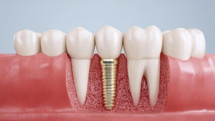 A dental implant with a crown replacing a missing tooth between two natural teeth. Concept Dental implant, Dental crown, Missing tooth replacement, Between natural teeth, Prosthodontics