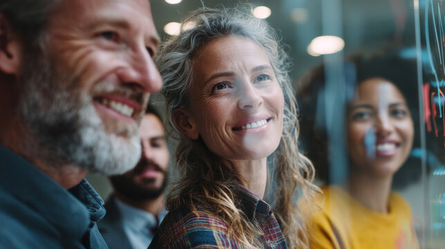 Smiling Multi-Generational Business Team Looking at Stock Market Data or Graph on a Glass Screen