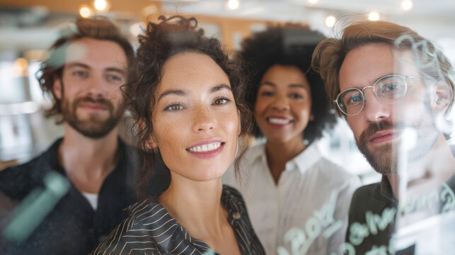 Diverse Team of Happy Young Professionals Collaborating and Writing on a Glass Whiteboard