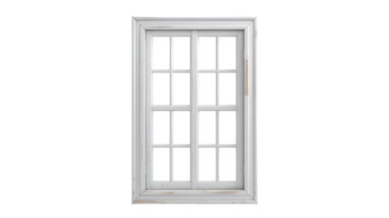Tall white double hung window with grids against a black background