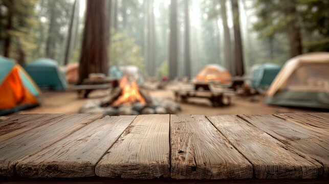 rustic camping scene background with empty wooden tabletop for display - Powered by Adobe