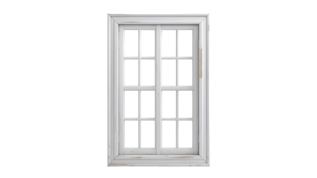 Tall white double hung window with grids against a black background