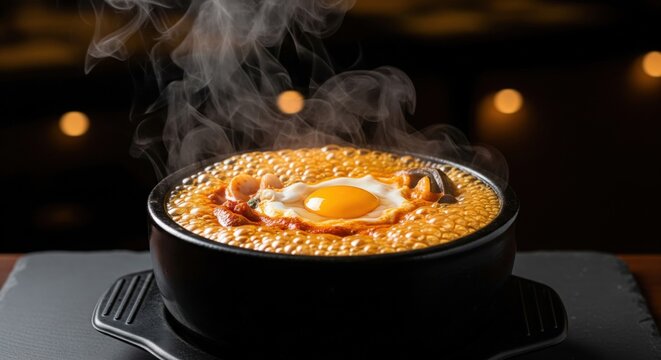 Steaming hot bowl of delicious Korean food with an egg