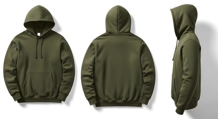 Olive green hoodie mockup front back and side views for product display