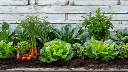 fresh vegetable garden growing against rustic white wooden wall backdrop