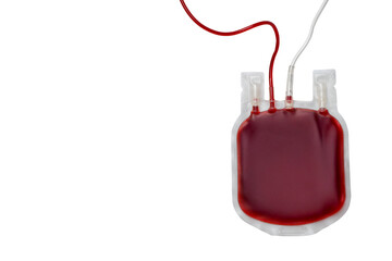 Bag containing red blood with medical tubing attached, isolated, PNG