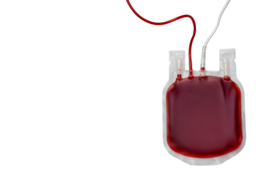 Bag containing red blood with medical tubing attached, isolated, PNG