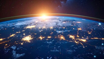 Earth from space view at sunrise, showing city lights and cloud formations in deep blue atmosphere