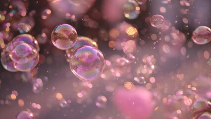 Iridescent soap bubbles drifting through a dreamy pink haze with soft bokeh lights. Concept Iridescent soap bubbles, Dreamy pink haze, Soft bokeh lights, Whimsical atmosphere