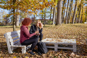 Fototapeta premium A middle-aged woman in the park with her friend is walking and relaxing, chatting and having a snack.