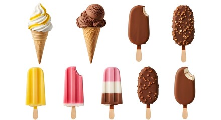 Variety of delicious frozen treats ice cream cones and chocolate covered popsicles