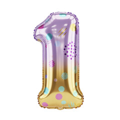 Festive number one foil balloon featuring a shiny purple and gold gradient with colorful polka dots, perfect for a first birthday or anniversary party celebration