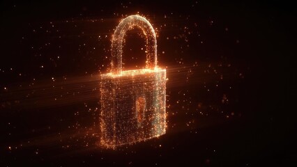 An orange glowing digital padlock made of particles against a dark background, symbolizing cybersecurity and data protection. Concept Cybersecurity, Data Protection, Particle Art, Glowing Padlock