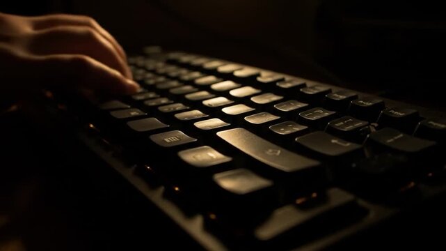 Close-up of fingers typing on a dark, illuminated keyboard in a low-light environment