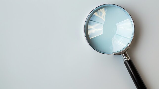 Magnifying glass on isolated background symbolizing business clarity and focus, soft pastel colors with light gray backdrop.