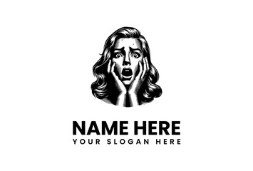 Shocked Woman Vector Logo Illustration Featuring a Scary Face with Wide Eyes and Open Mouth