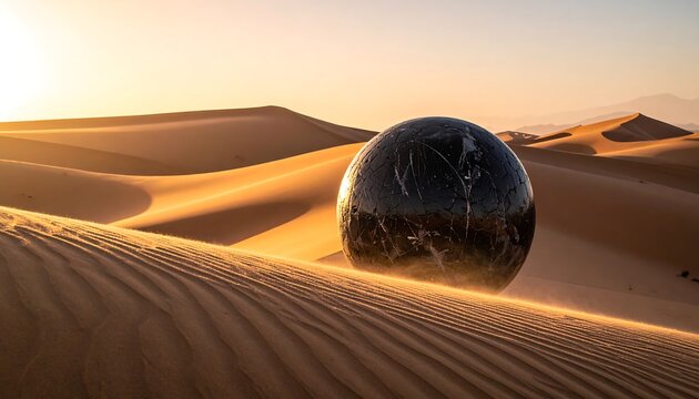 Black marble sphere rests on rippled dunes, bathed in golden sunlight in a vast desert landscape