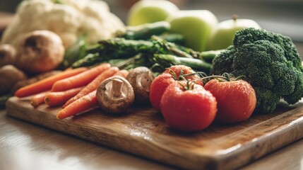 Close-up of Fresh Whole Vegetables Including Tomatoes, Carrots, and Broccoli on a Wooden Cutting Board
