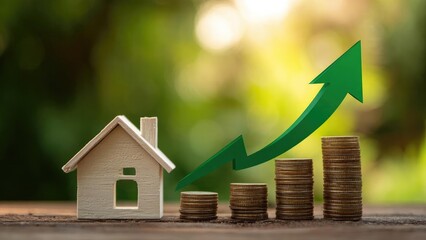 Miniature house beside growing stacks of coins and a green upward arrow, illustrating real estate investment growth. Concept Real estate investment growth visuals