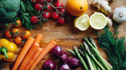 Overhead View of Colorful Assortment of Fresh Fruits, Vegetables, and Herbs on a Wooden Board